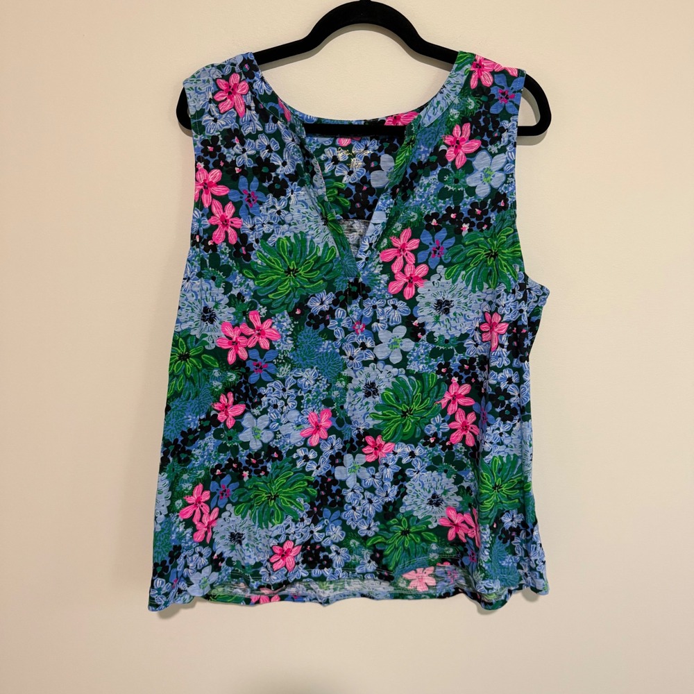 Lilly Pulitzer Womens XL Blue Floral Etta V-Neck Tank Top 100% Cotton